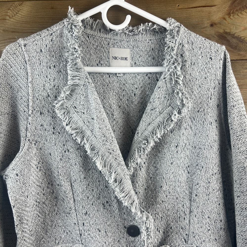 Nic+Zoe‎ Womens Blazer Finge Mix Knit Blazer Tweed Military Chore One Button PL - Picture 2 of 9